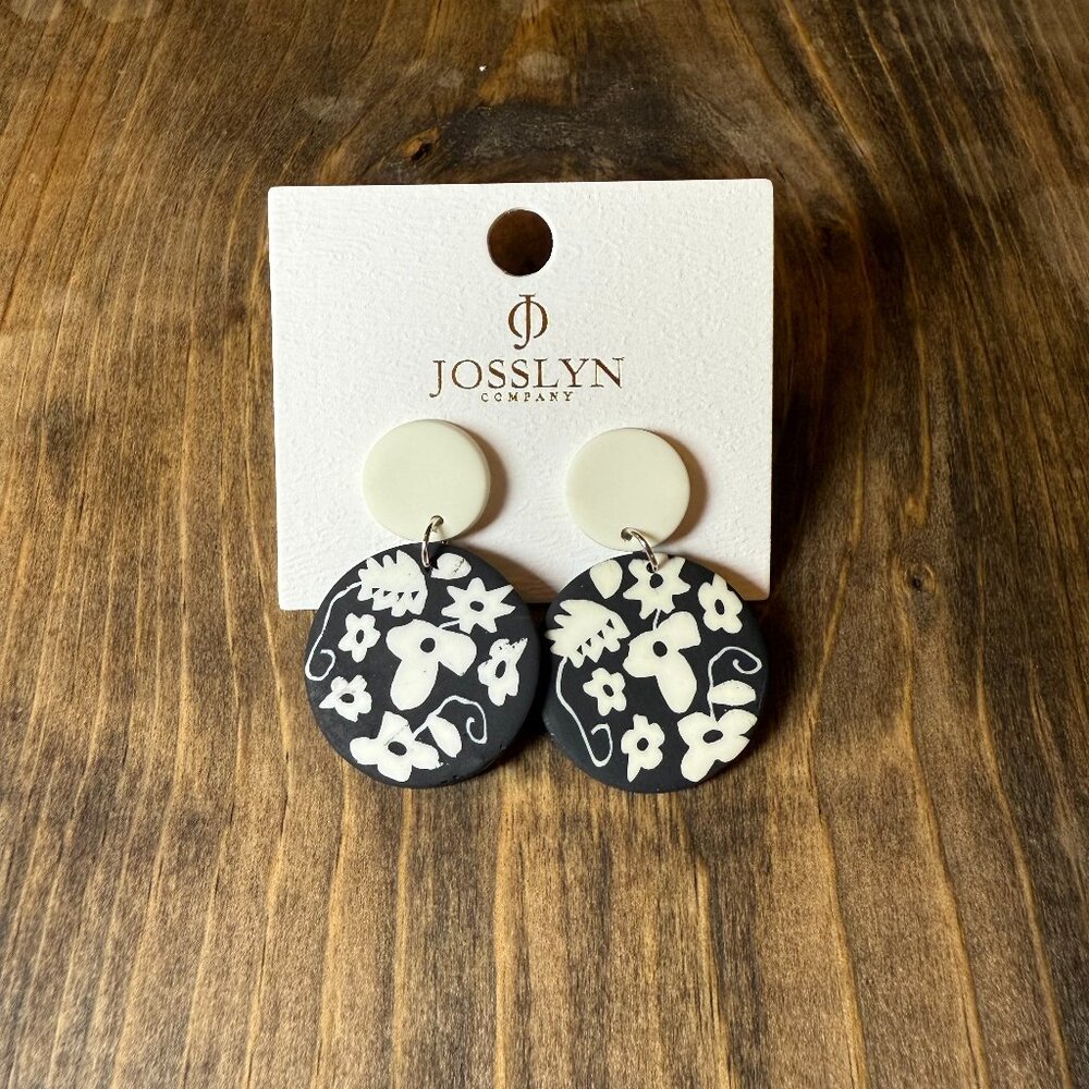 Earrings Polymer Black with White Flowers